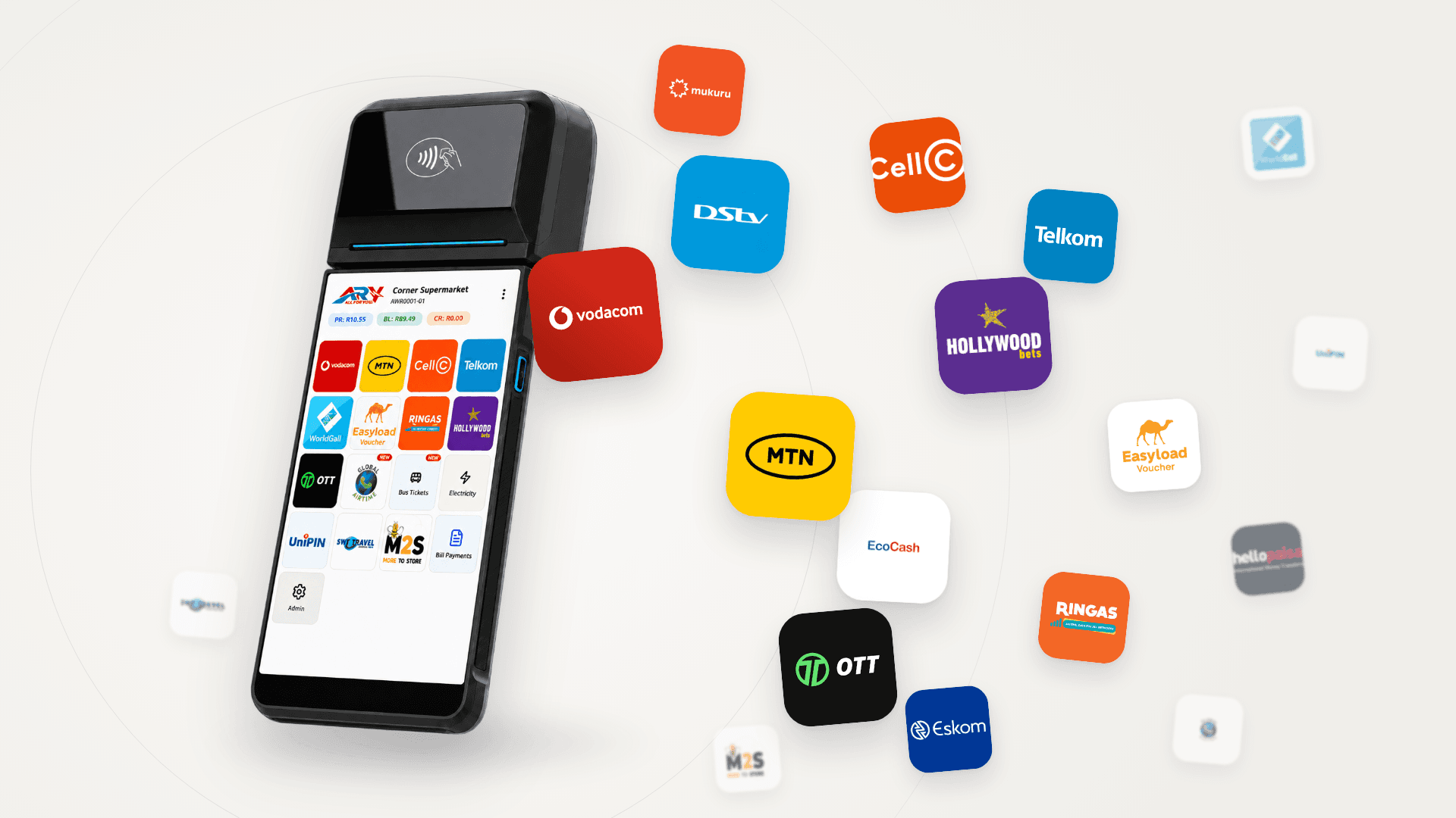 AirVoucher terminal surrounded by floating voucher tiles