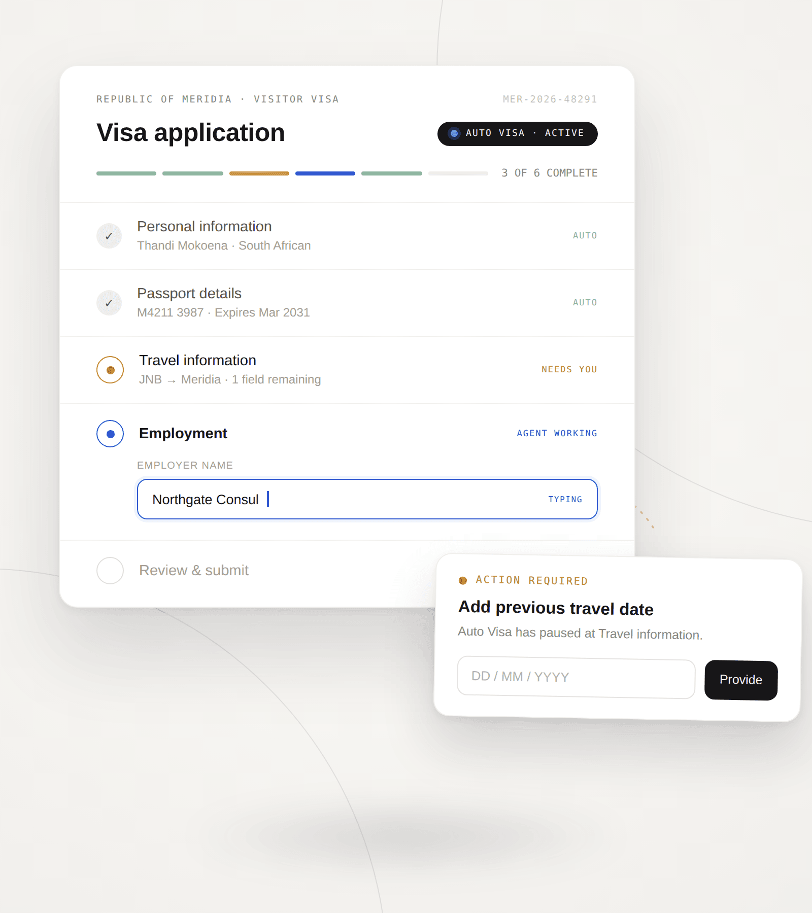 Auto Visa application with the agent typing and one step needing a human