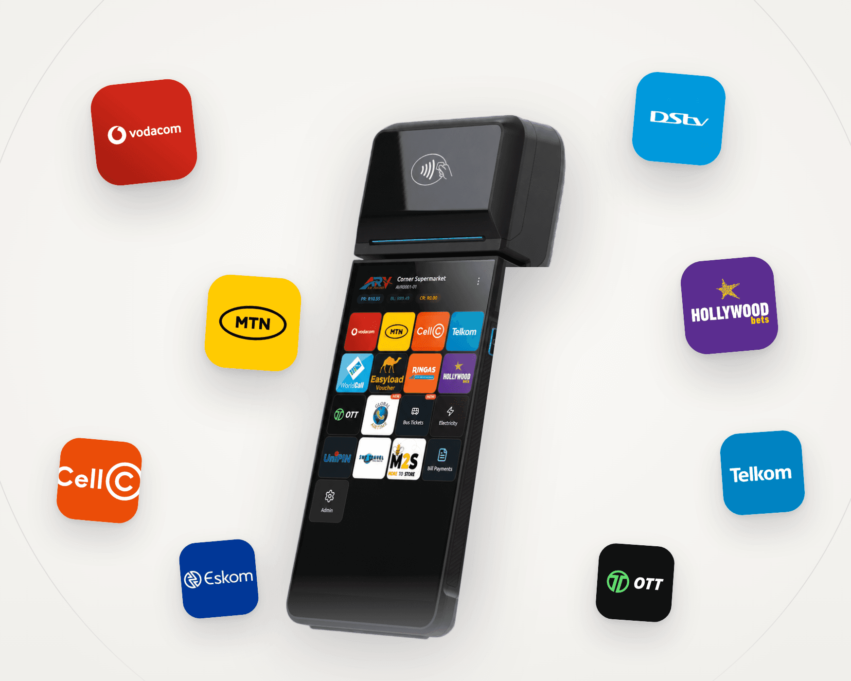 AirVoucher terminal surrounded by floating voucher tiles