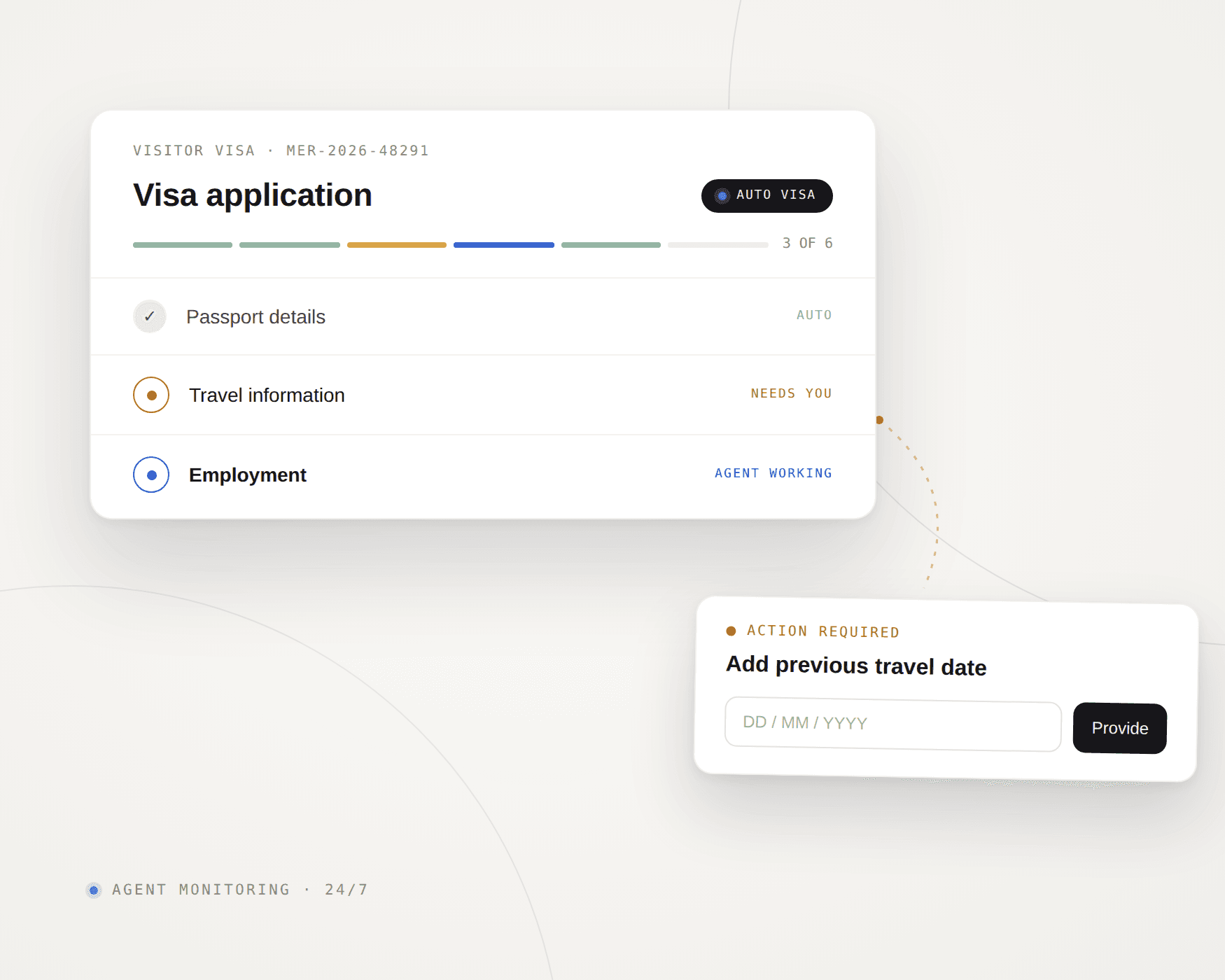 Auto Visa application with the agent typing and one step needing a human
