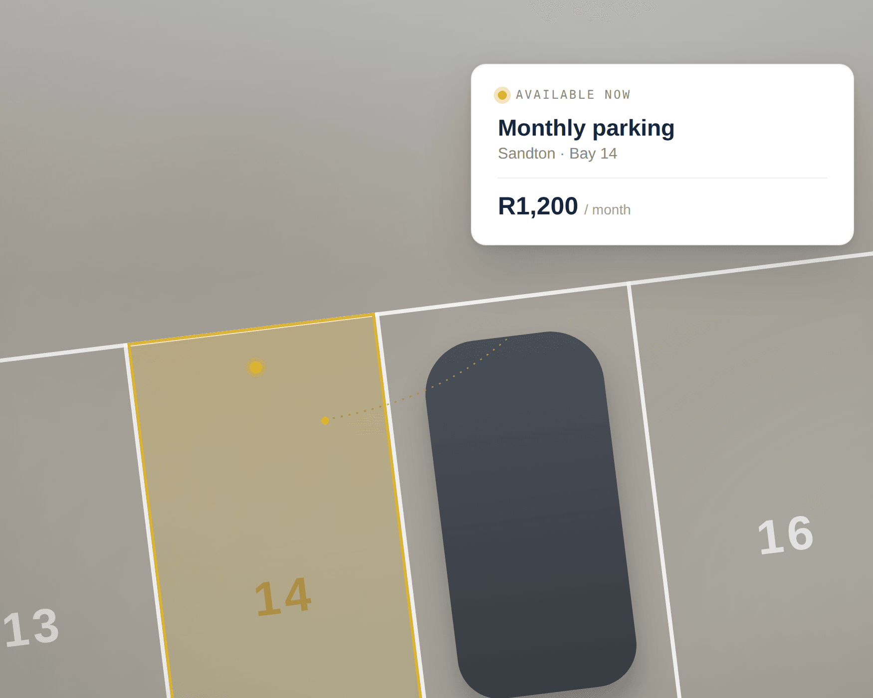 ParkUpp parking deck with bay 14 available and a monthly booking card