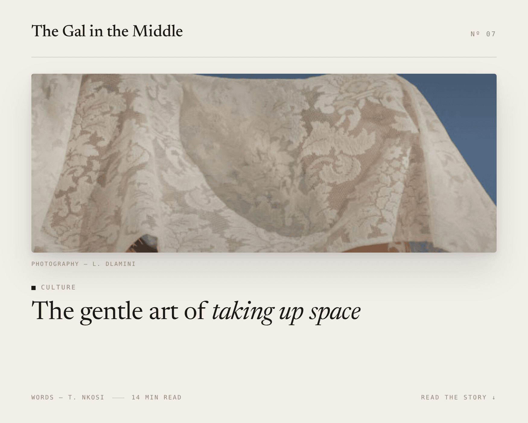 The Gal in the Middle editorial spread: feature photograph beneath the masthead