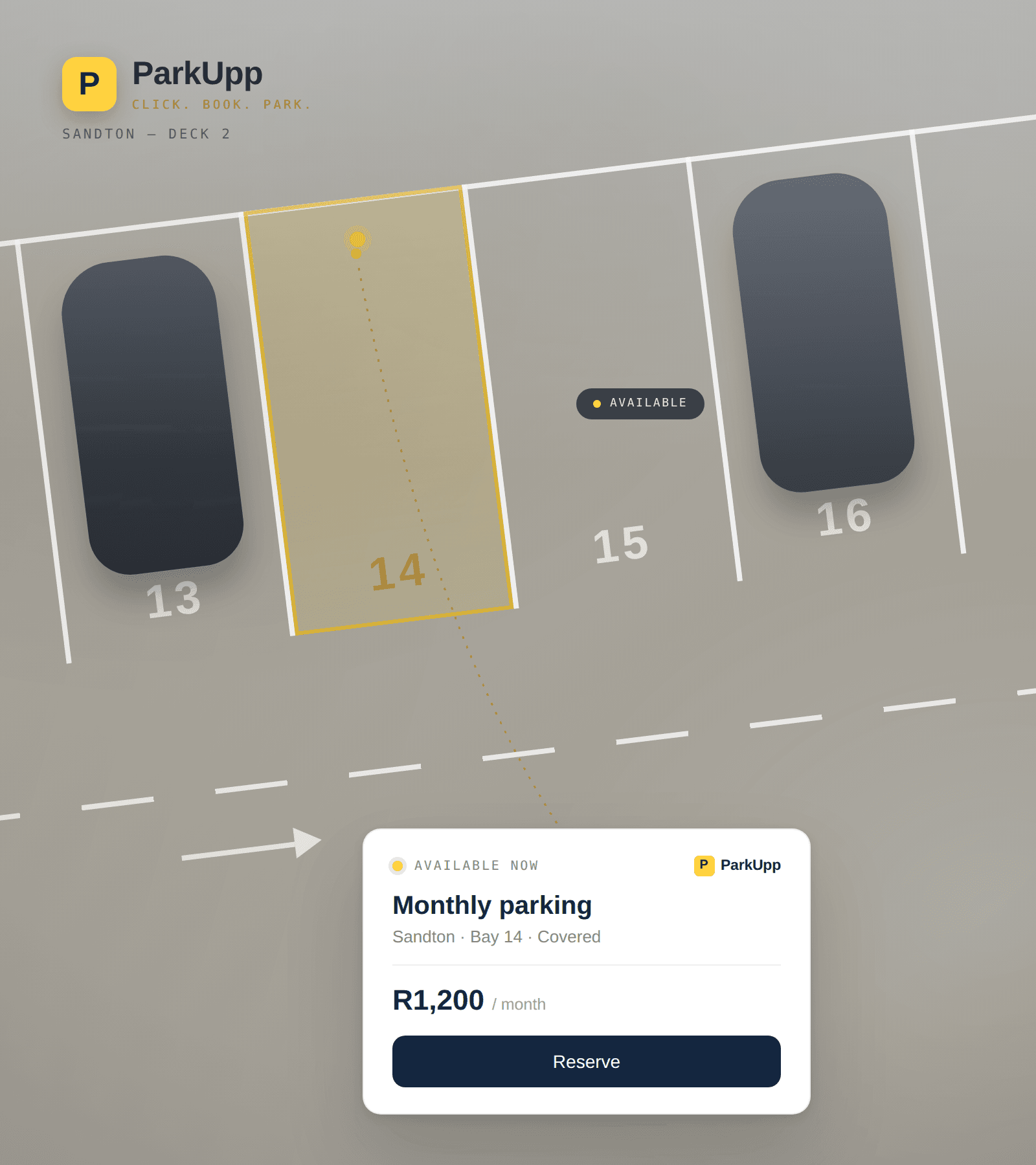 ParkUpp parking deck with bay 14 available and a monthly booking card