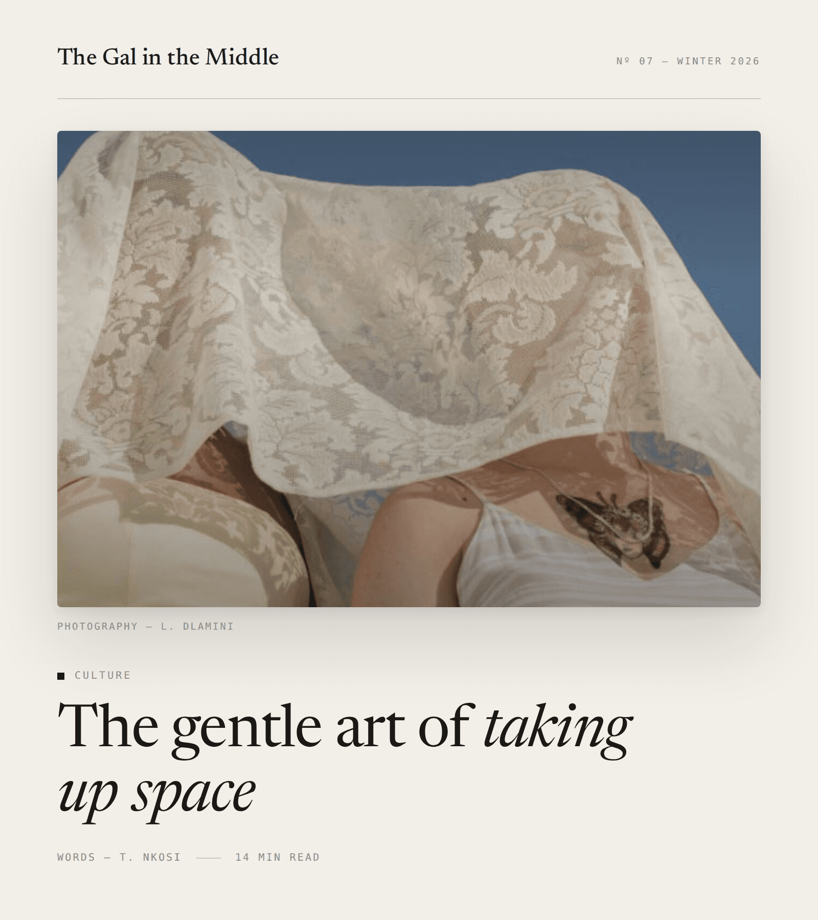 The Gal in the Middle editorial spread: feature photograph beneath the masthead