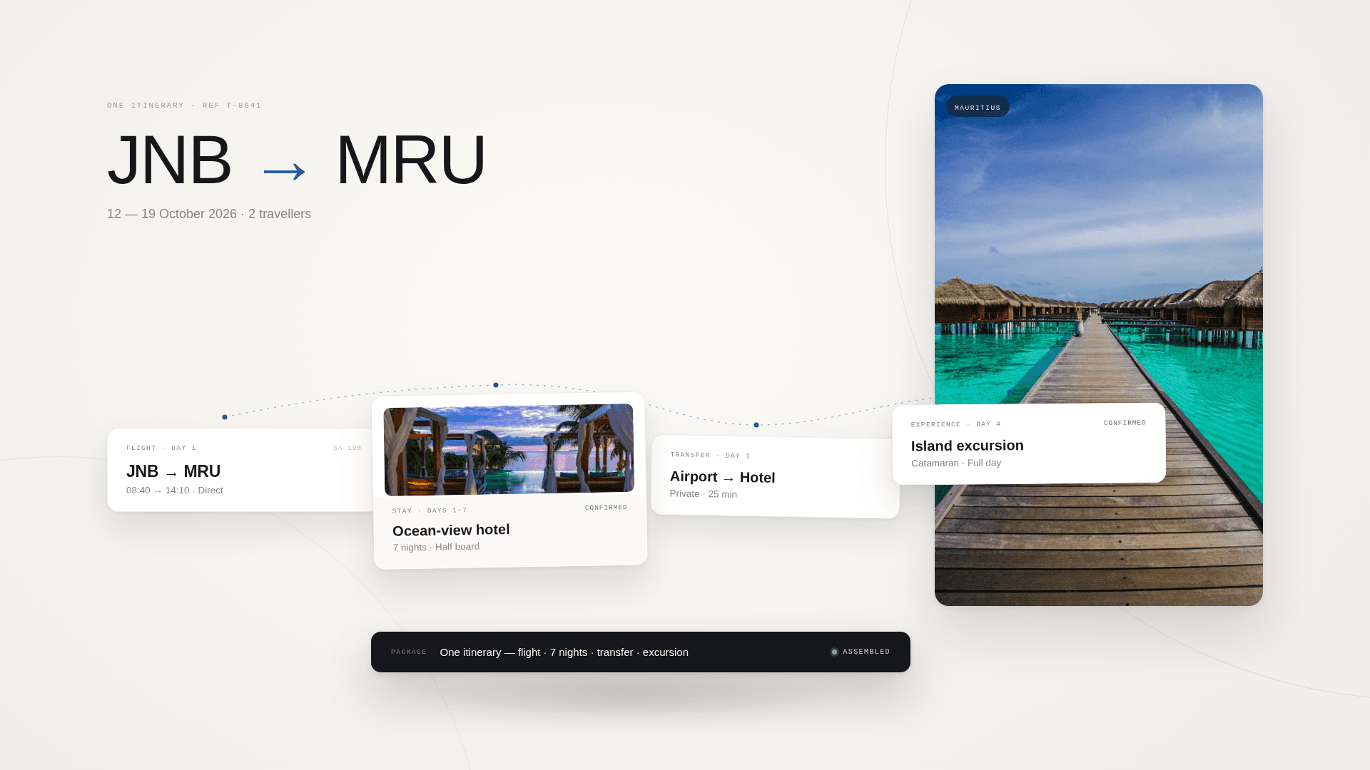 A JNB to MRU trip assembled from flight, hotel, transfer and excursion cards